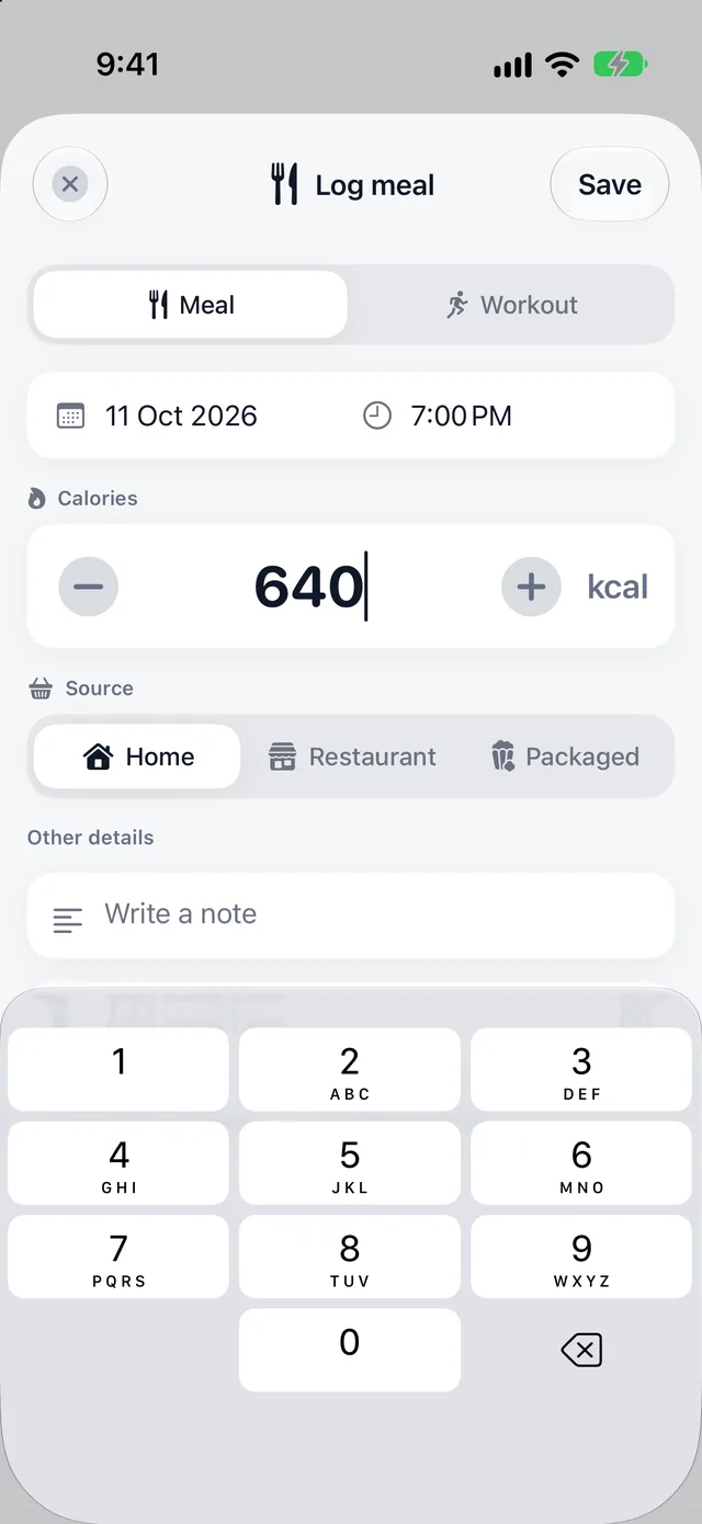 Logging a meal: calories, source, a note, and tags.
