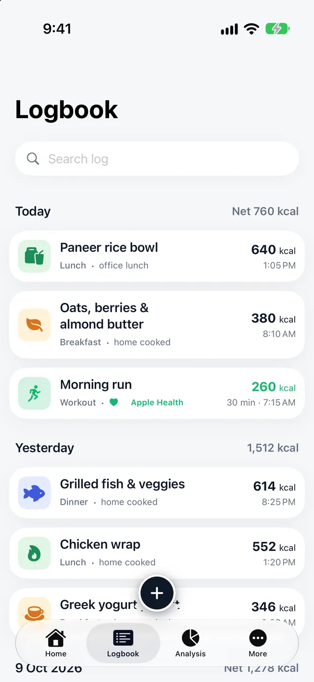 Logbook grouped by day with meals, workouts, and search.
