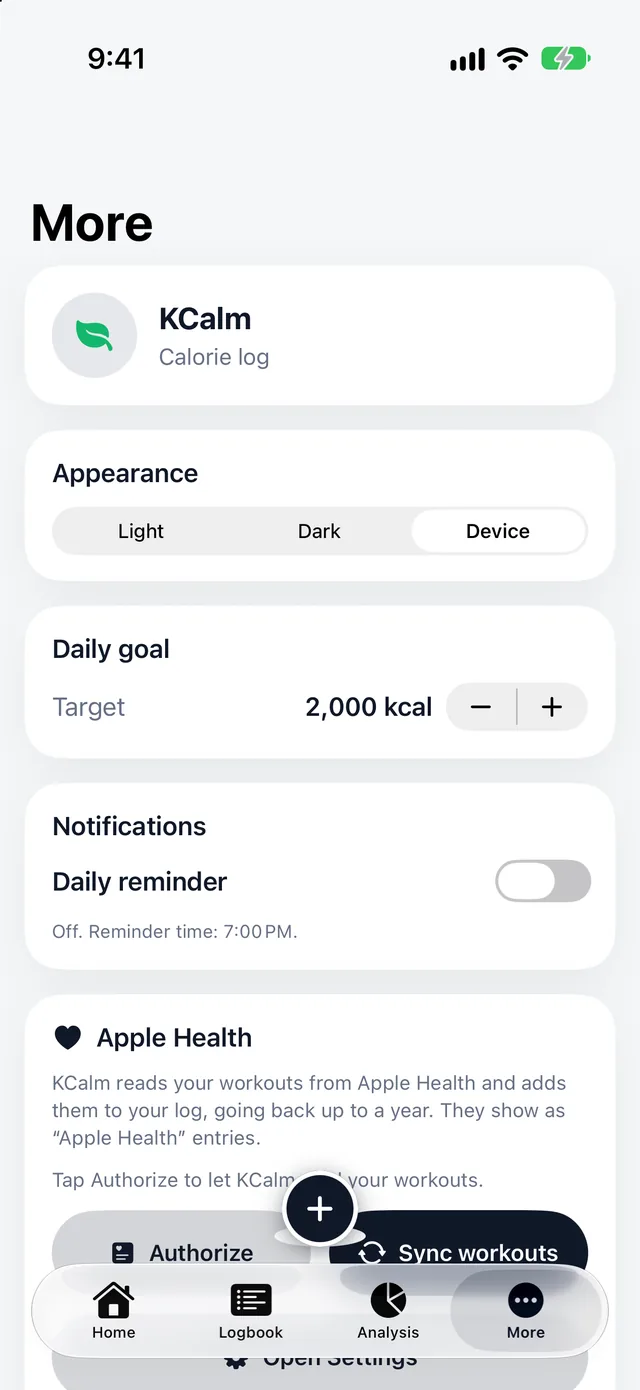 More tab with appearance, daily goal, reminders, and workout import.