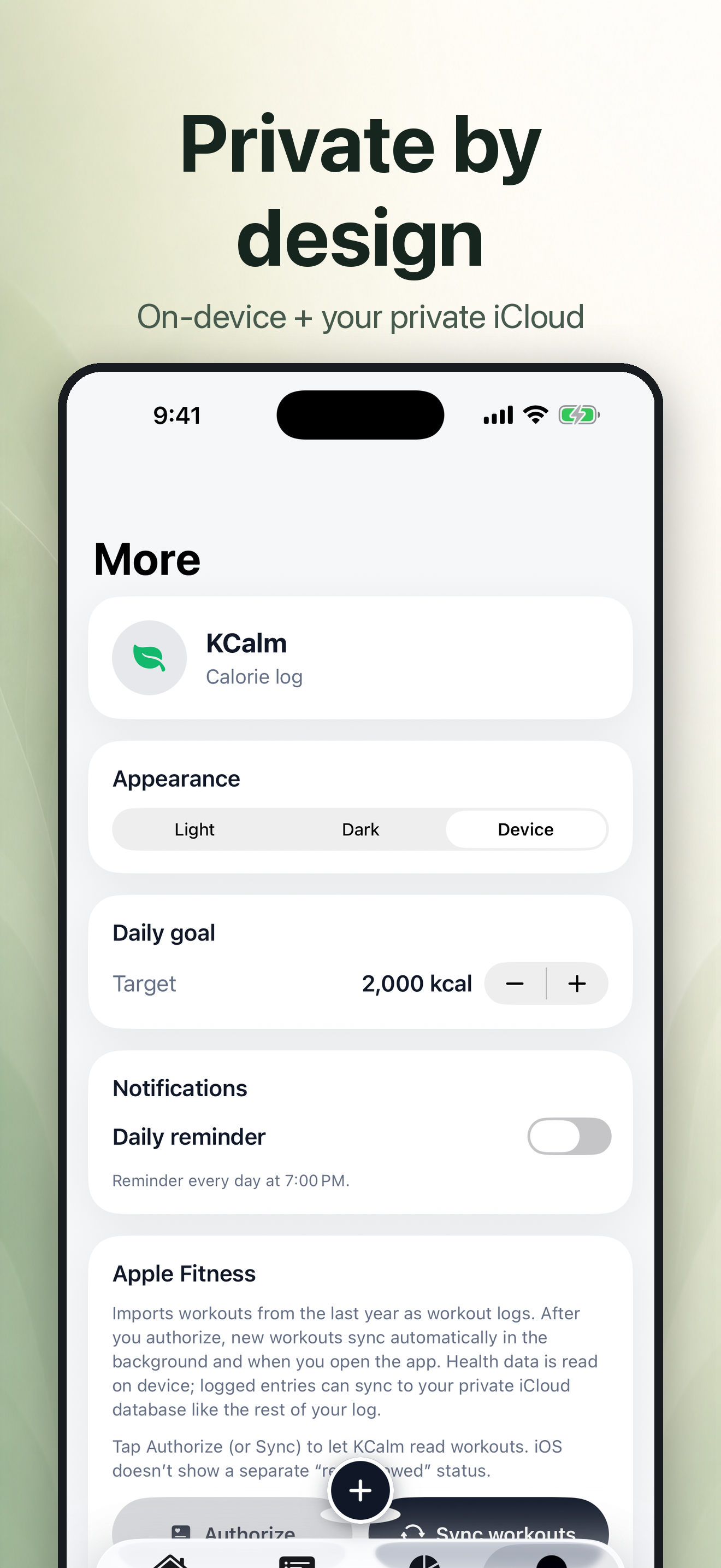 Private by design — settings for appearance, daily goal, reminders, and Apple Fitness.
